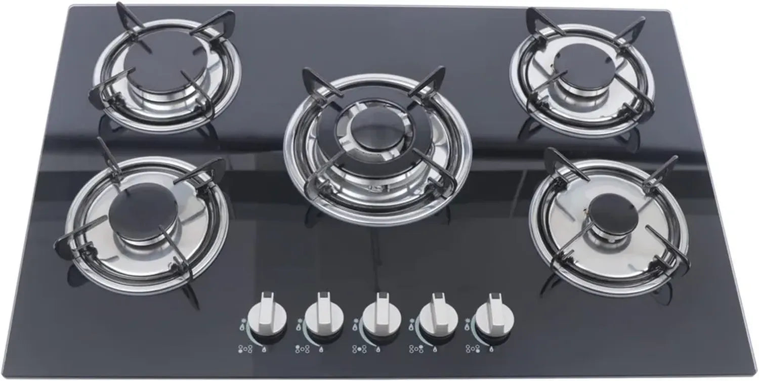 Gaskochfeld 5 Brenner 30 Zoll, Eingebautes Sicherheits-Gaskochfeld mit gehärtetem Glas